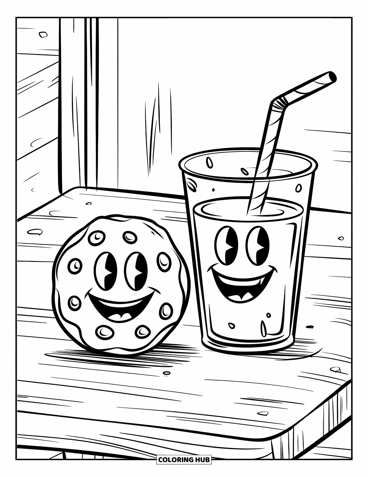 Cookie Coloring Page for Kids: A smiling cookie and milk duo with fun expressions, placed on a wooden table