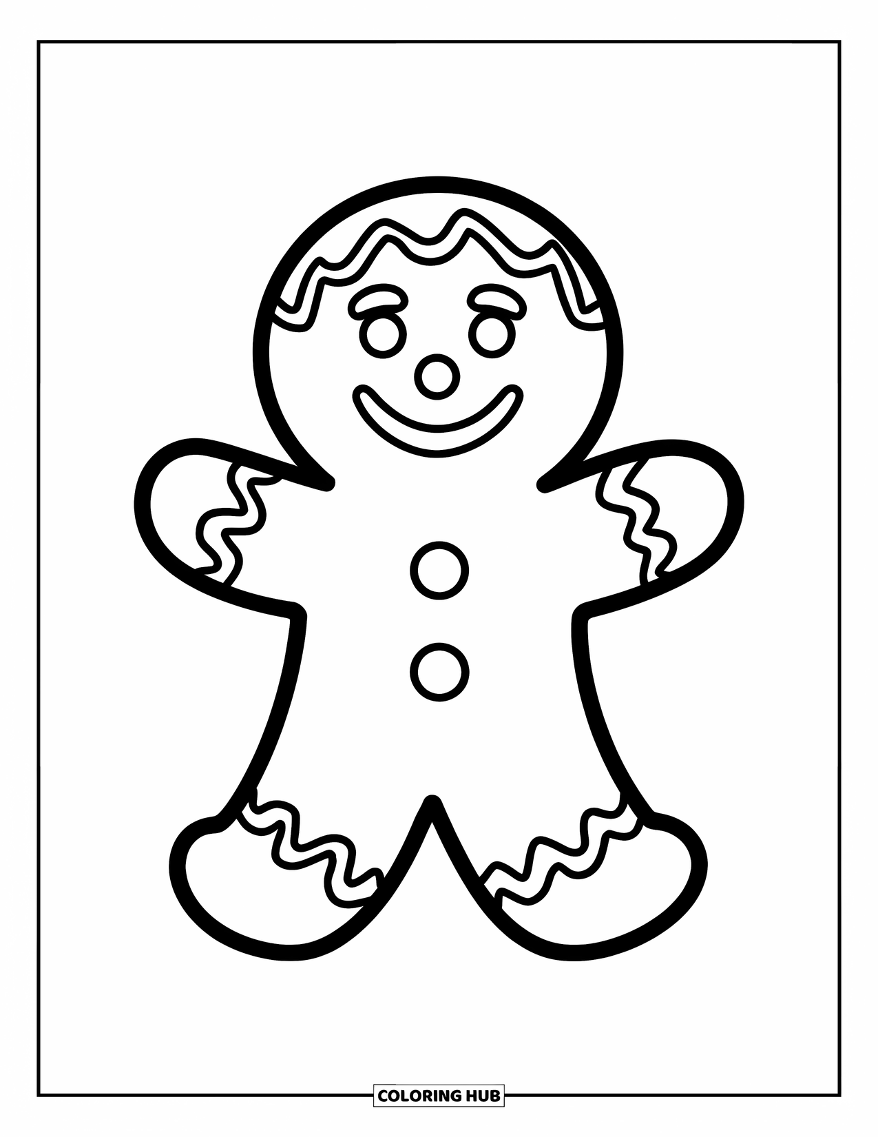 Cookie Coloring Page for Kids: A smiling gingerbread cookie with arms and legs, decorated with simple icing