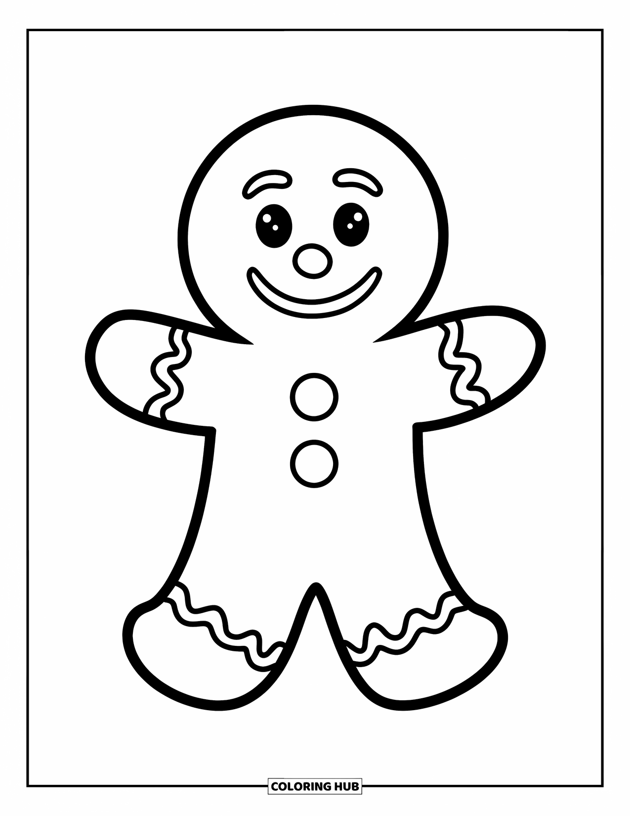 Cookie Coloring Page for Kids: A smiling gingerbread cookie with arms and legs, giving off a cheerful vibe