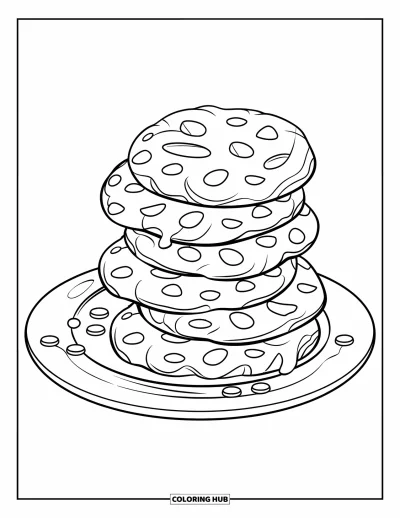 Coloriage de Cookie pour enfants : Une pile de cookies aux pépites de chocolat sur une assiette blanche avec des pépites fondues et des bords dorés