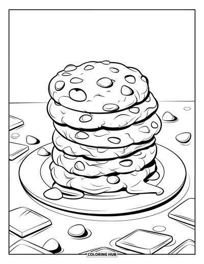 Coloriage de Cookie pour enfants : Une pile de cookies aux pépites de chocolat avec des pépites fondues sur une assiette blanche, avec des pépites éparpillées