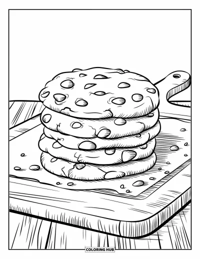 Coloriage de Cookie pour enfants : Une pile de cookies aux pépites de chocolat avec des pépites fondues sur une planche en bois, avec des miettes