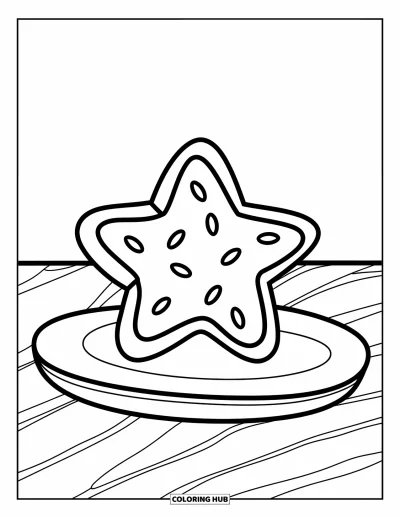 Coloriage de Cookie pour enfants : Un cookie en forme d’étoile sur une assiette avec des vermicelles, créant une atmosphère joyeuse