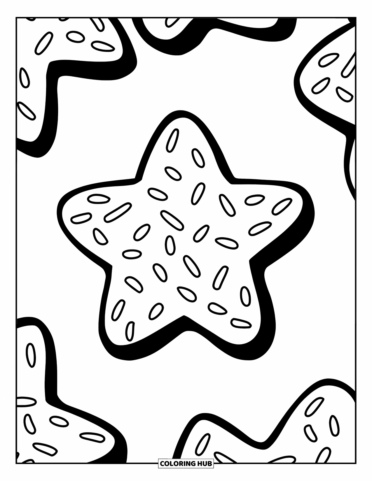 Cookie Coloring Page for Kids: A star-shaped cookie with sprinkles, topped with colorful details for extra fun