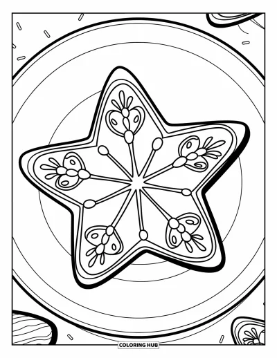 Coloriage de Cookie pour enfants : Un sablé en forme d’étoile avec des motifs de glaçage détaillés et des vermicelles sur le dessus