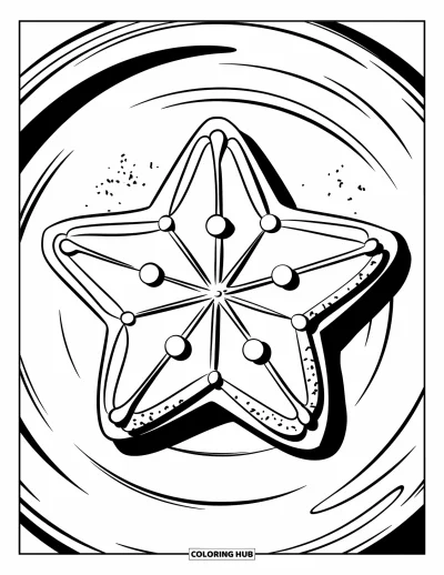 Coloriage de Cookie pour enfants : Un sablé en forme d’étoile avec du glaçage et du sucre en poudre, placé sur une assiette blanche