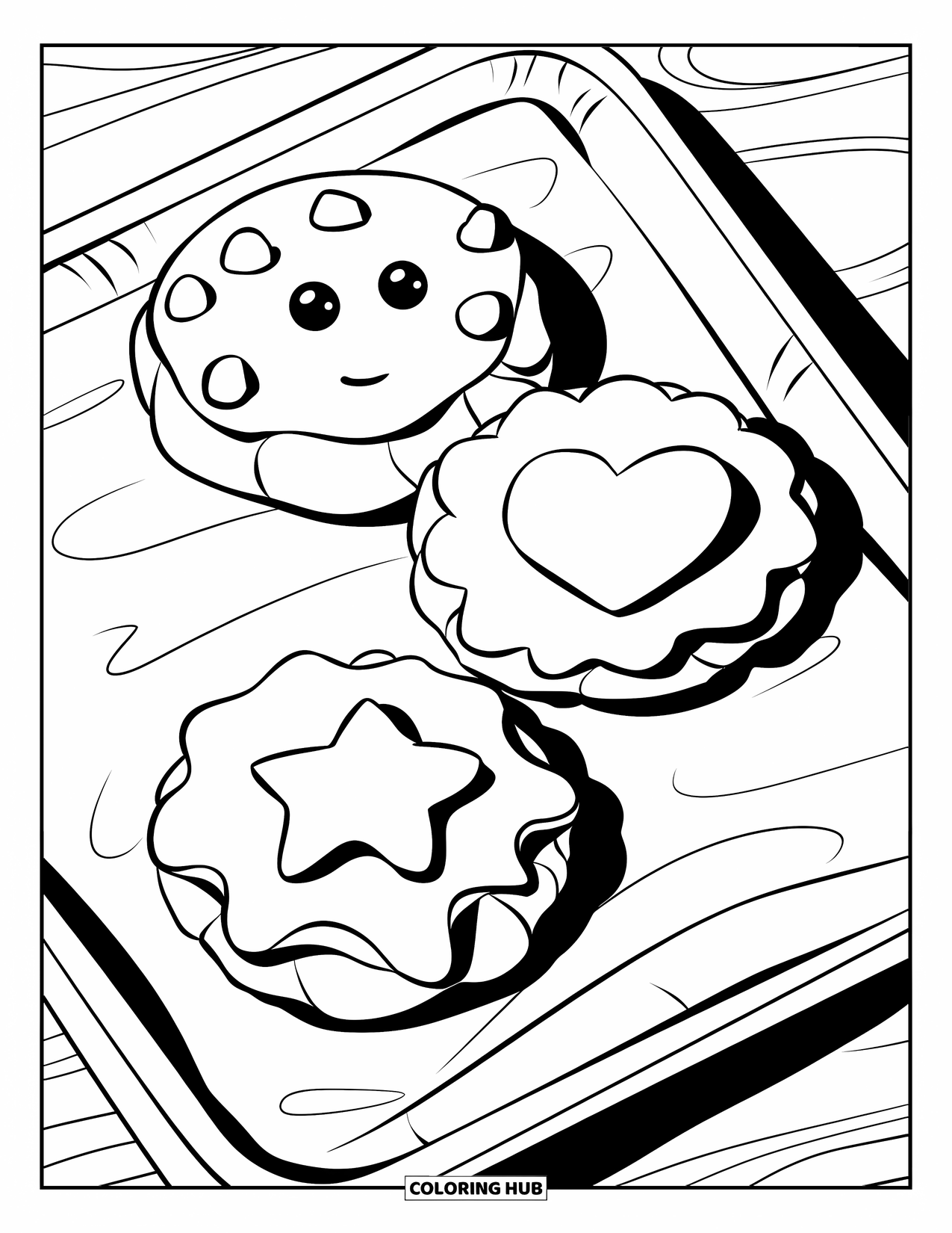 Cookie Coloring Page for Kids: A tray of three cookies, each with its own playful design and cute faces