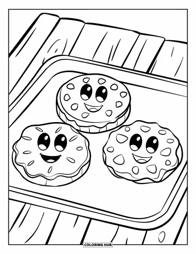 Coloriage de Cookie pour enfants : Un plateau avec trois cookies, chacun avec un visage mignon et souriant, parfait pour les enfants