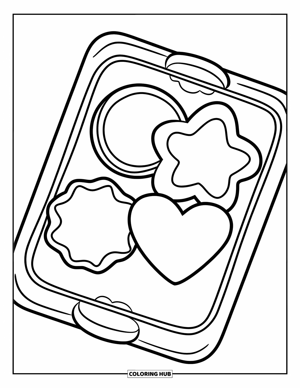 Cookie Coloring Page for Kids: A tray with three cookies of different shapes, each with its own fun charm