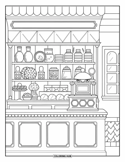 Coloriage de Cookie pour enfants : Une boutique de boulangerie vintage avec des étagères de cookies, une caisse enregistreuse et une lampe dans un style charmant