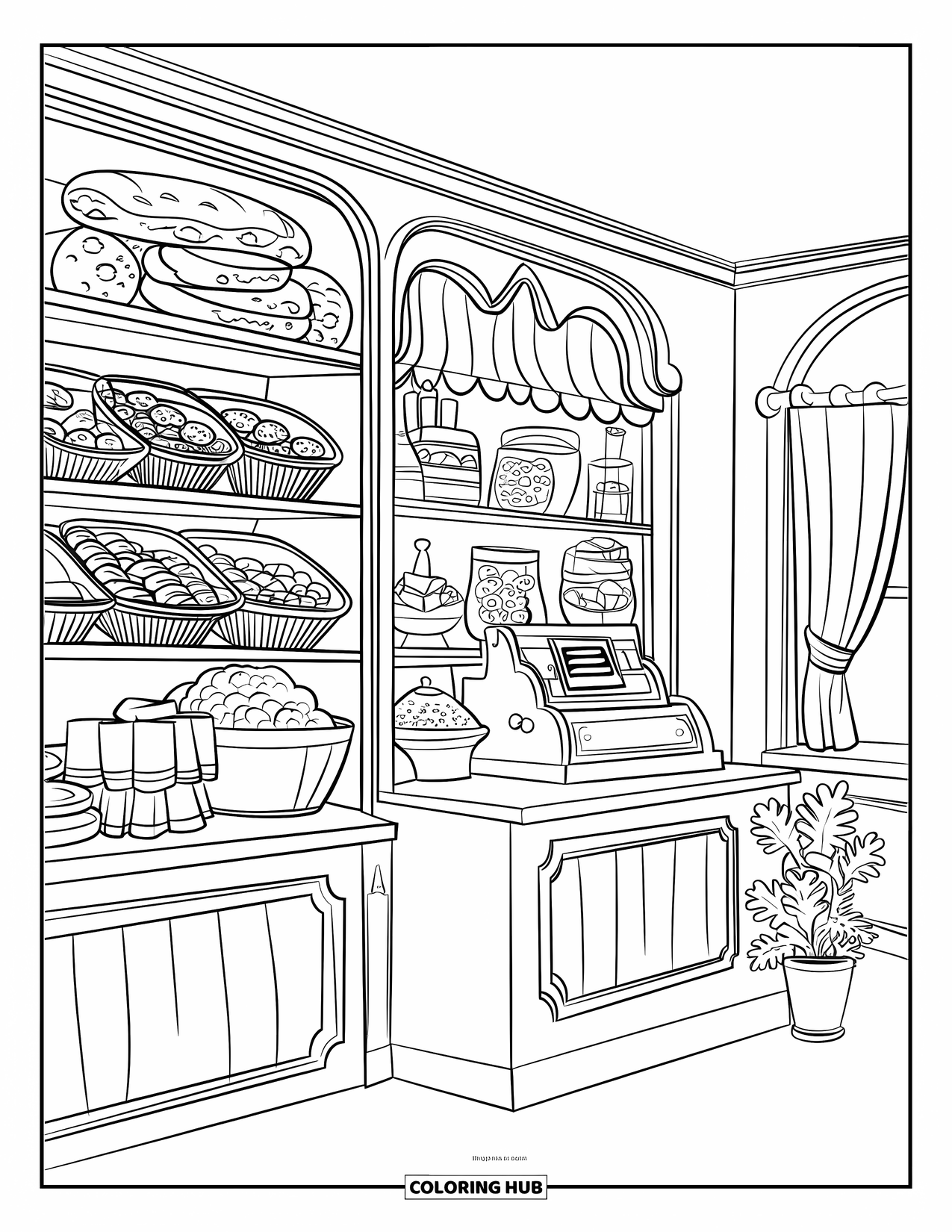 Cookie Coloring Page for Kids: A vintage bakery with cookies, jars, a counter, and a window, all in a warm, inviting style