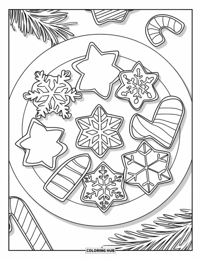Coloriage de Cookie pour enfants : Des cookies décoratifs de Noël en forme de flocons de neige, d’arbres et de cannes de Noël, disposés en cercle