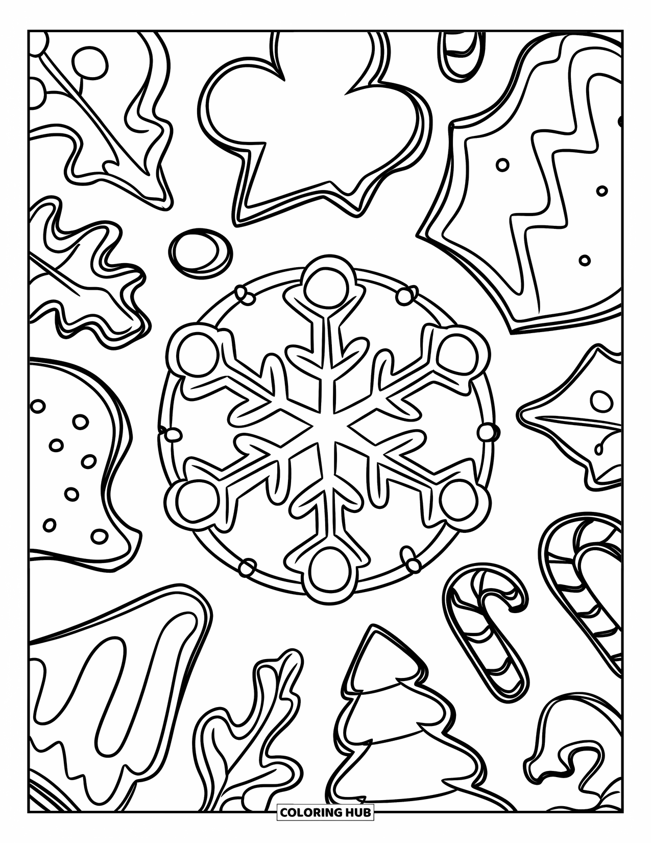 Cookie Coloring Page for Kids: Holiday cookie set with snowflake, tree, and candy cane shapes, arranged in a circle