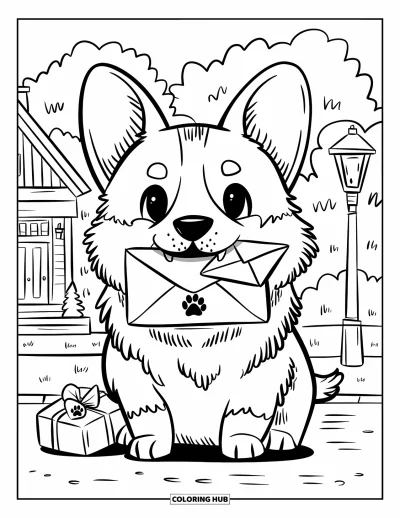 Coloriage de corgi pour adultes : Un corgi transporte une petite enveloppe dans sa gueule, debout à côté d’un petit paquet