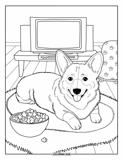 Coloriage de corgi pour adultes : Un corgi profite d’une soirée cinéma confortable, allongé sur un tapis avec des collations et des oreillers