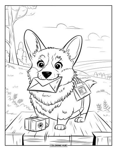 Coloriage de corgi pour adultes : Un corgi avec un petit sac postal tient une lettre tout en se tenant à côté d’un colis timbré