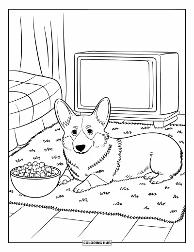 Coloriage de corgi pour adultes : Un corgi se prélasse sur un tapis moelleux, regardant la télévision avec un bol de popcorn à proximité