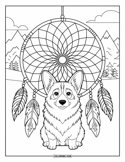 Coloriage de corgi pour adultes : Un corgi est assis devant un attrape-rêves complexe, situé contre un paysage de montagne avec des arbres