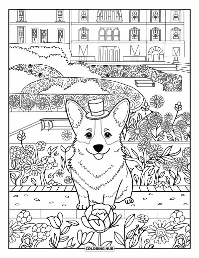 Coloriage de corgi pour adultes : Un corgi est assis dans un jardin de fleurs, portant un haut-de-forme, avec des chemins, des bancs et des fleurs