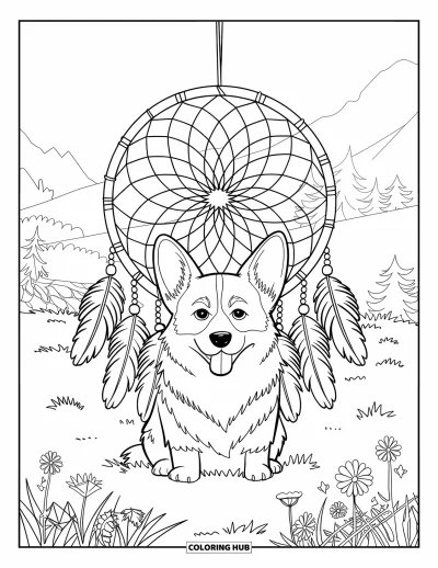Coloriage de corgi pour adultes : Un corgi est assis dans un champ herbeux avec des fleurs sauvages, avec un attrape-rêves suspendu à un cadre en bois