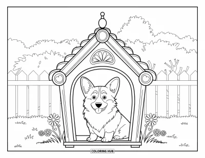 Coloriage de corgi pour adultes : Un corgi est assis à l’intérieur d’une élégante niche dans un champ herbeux avec des fleurs et une clôture