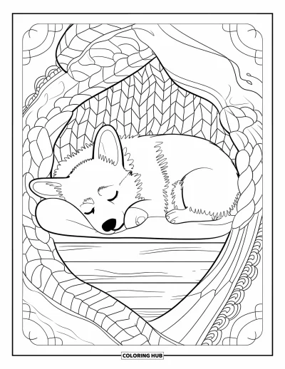 Coloriage de corgi pour adultes : Un corgi dort dans un coin confortable, niché dans des couches de couvertures tricotées de façon complexe