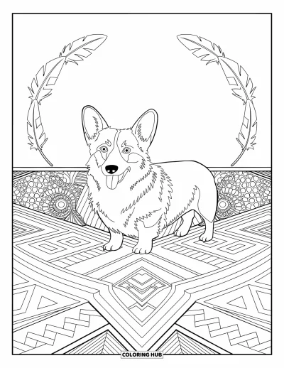 Coloriage de corgi pour adultes : Un corgi se tient sur un sol à motifs décoratifs, entouré de plumes et de motifs symétriques