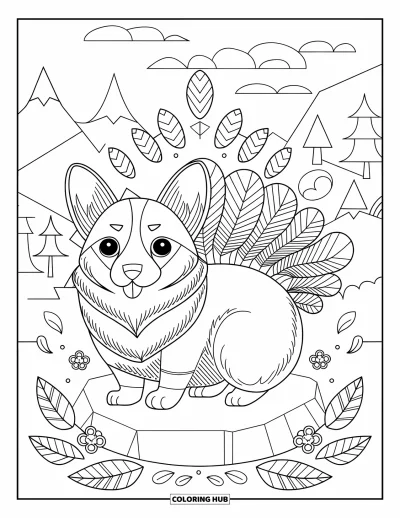 Coloriage de corgi pour adultes : Un corgi avec une queue touffue est assis sur un rocher, entouré de plumes, de fleurs et de montagnes