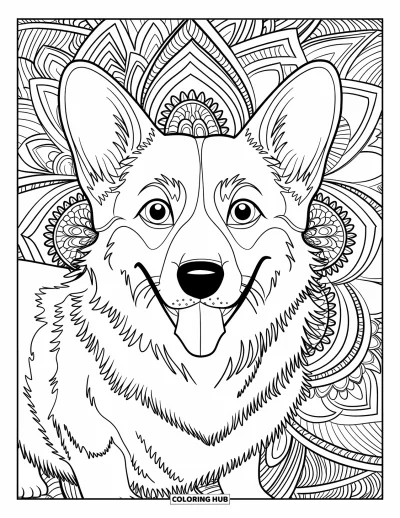 Coloriage de corgi pour adultes : Un corgi avec une queue et un collier qui remuent est entouré de motifs de mandala complexes