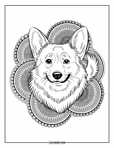 Coloriage de corgi pour adultes : Un visage de corgi détaillé est entouré de motifs de mandala tourbillonnants dans un motif circulaire complexe