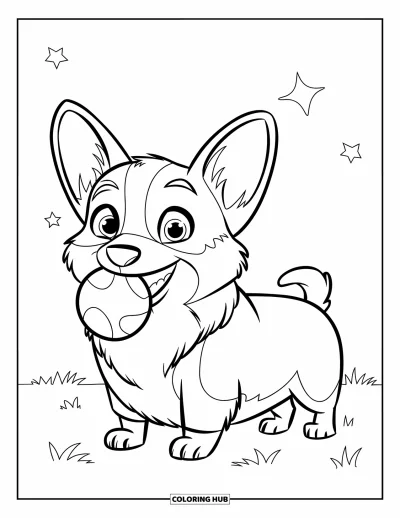 Coloriage de corgi pour enfants : Un corgi joyeux joue avec une balle sur un champ herbeux sous un ciel dégagé