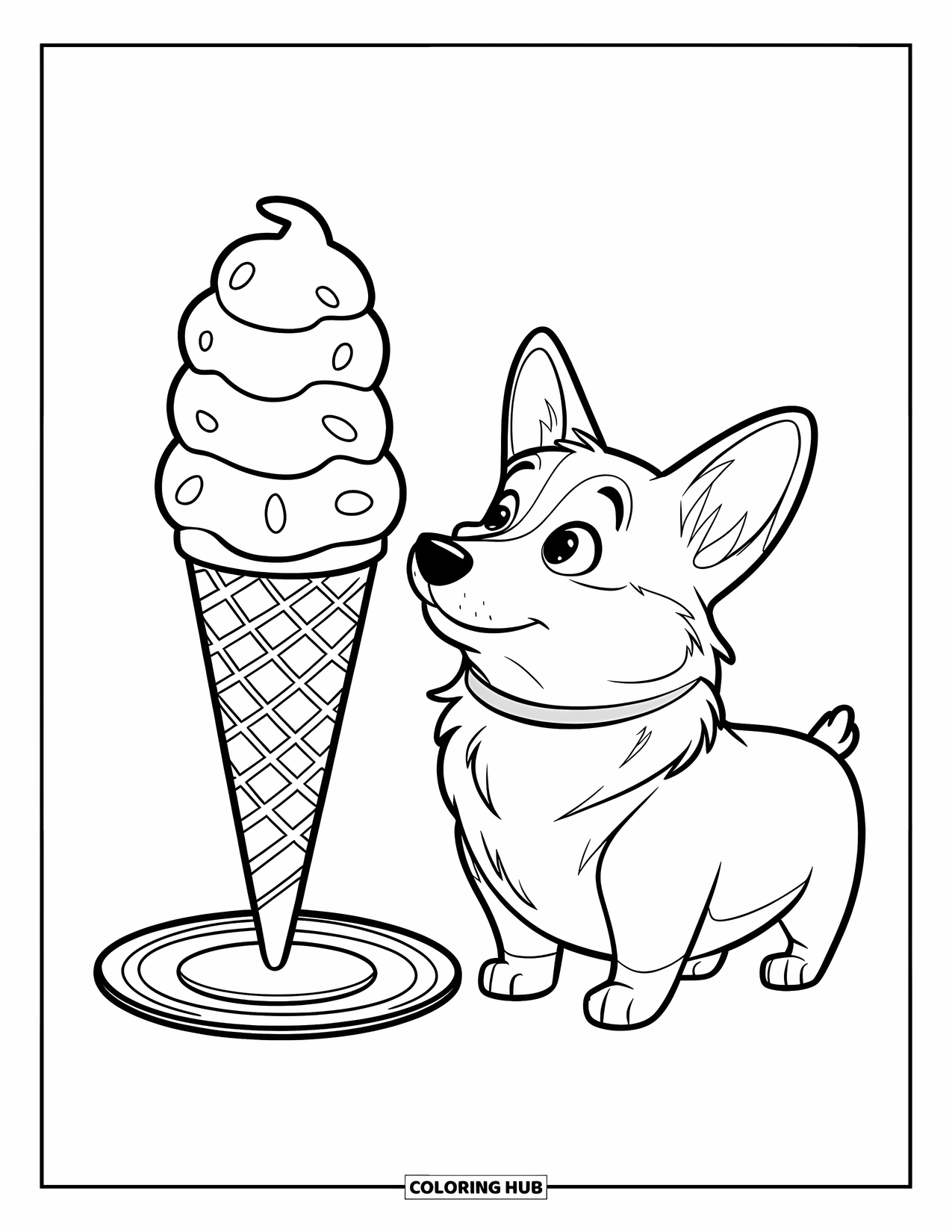 Corgi Coloring Page for Kids: A corgi admires a giant ice cream cone resting on a striped plate