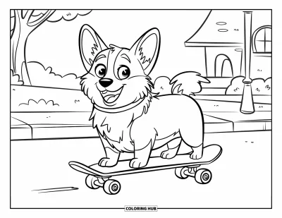 Coloriage de corgi pour enfants : Un corgi se tient en équilibre sur une planche à roulettes, ayant l’air impatient alors qu’il passe devant un arbre et un lampadaire