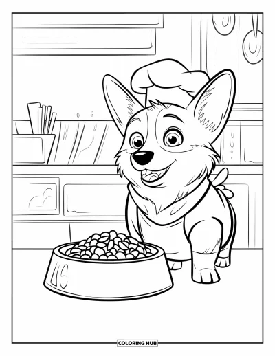 Coloriage de corgi pour enfants : Un corgi chef avec un tablier se tient à côté d’un bol de nourriture pour chien dans une cuisine animée