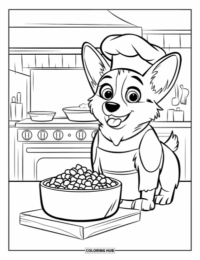 Coloriage de corgi pour enfants : Un corgi chef, portant fièrement un chapeau, se tient près d’un grand bol de nourriture dans la cuisine