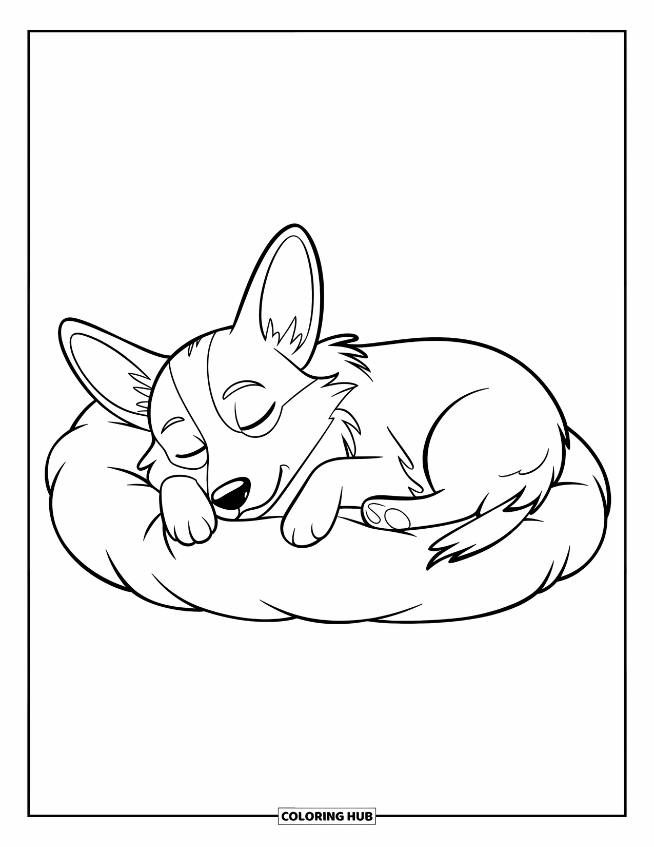 Corgi Coloring Page for Kids: A corgi curls up on a soft pillow, peacefully sleeping in a cozy space
