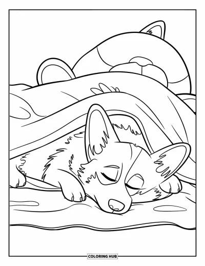 Coloriage de corgi pour enfants : Un corgi se blottit sous une couverture douillette, se reposant à côté d’un grand animal en peluche