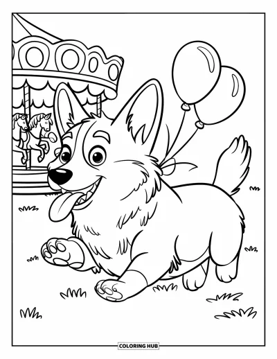 Coloriage de corgi pour enfants : Un corgi traverse l’herbe en courant, portant un collier avec des ballons attachés
