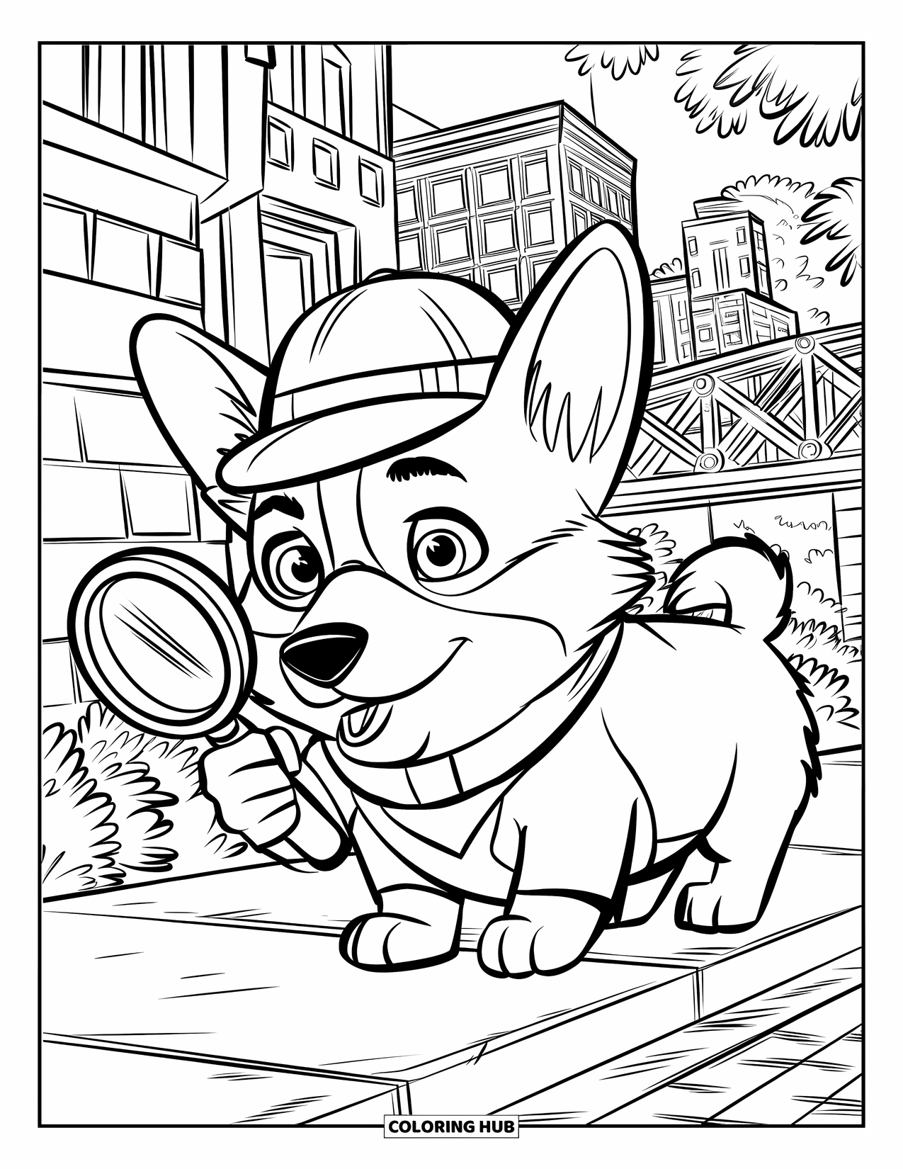Corgi Coloring Page for Kids: A corgi detective, magnifying glass in paw, investigates clues in a cityscape filled with buildings