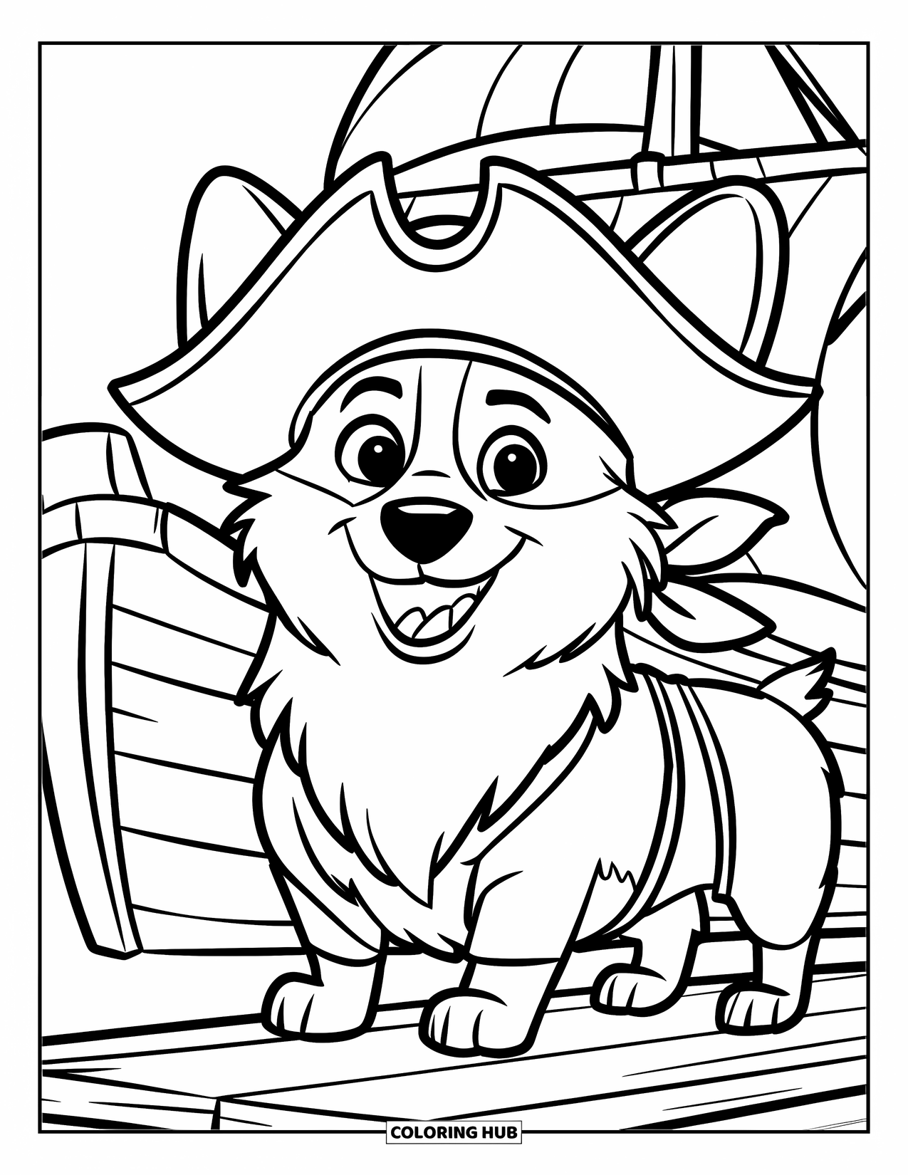 Corgi Coloring Page for Kids: A corgi dressed as a pirate stands on a plank, wearing a hat and scarf with a ship nearby