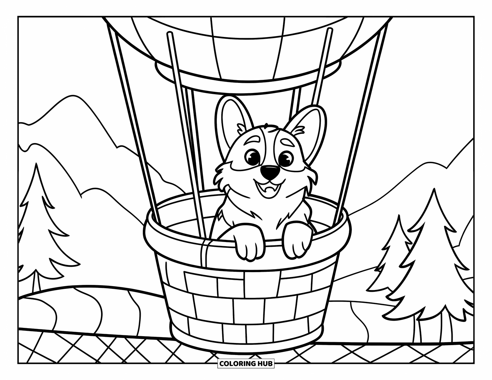 Corgi Coloring Page for Kids: A corgi enjoys the view from a hot air balloon basket floating above mountains and trees