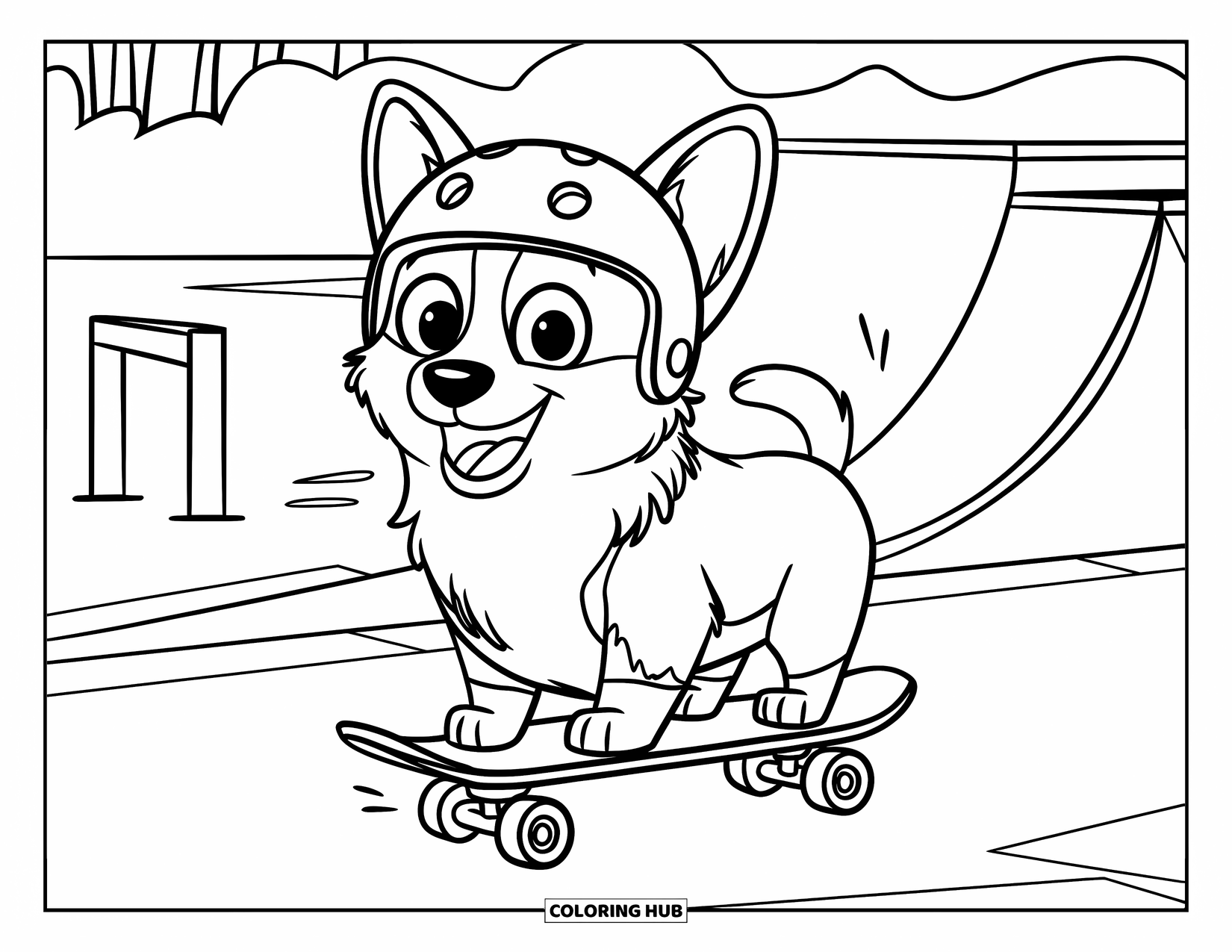 Corgi Coloring Page for Kids: A corgi excitedly balances on a skateboard, ready to take on ramps and obstacles