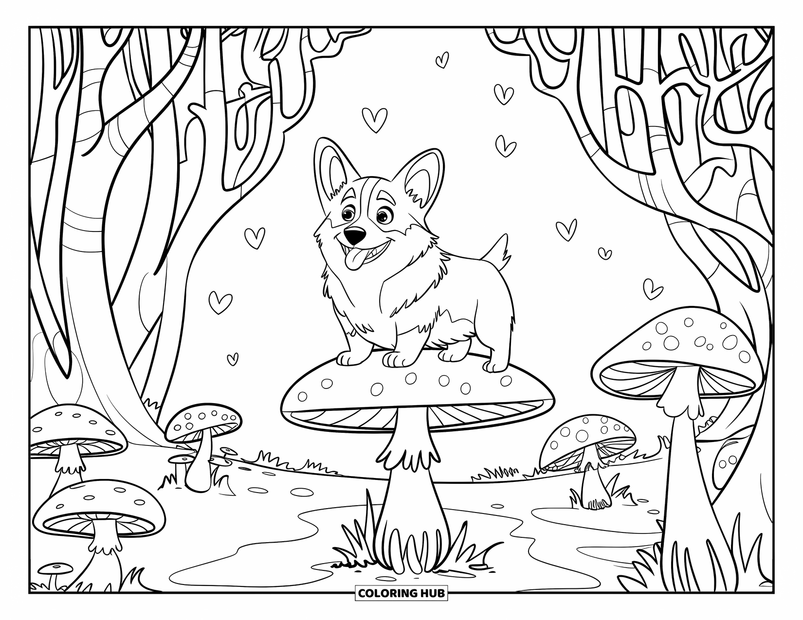 Corgi Coloring Page for Kids: A corgi explores an enchanted forest, standing on a glowing mushroom with floating hearts
