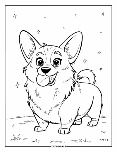 Coloriage de corgi pour enfants : Un corgi tient une petite balle dans sa gueule, debout sous un ciel étoilé