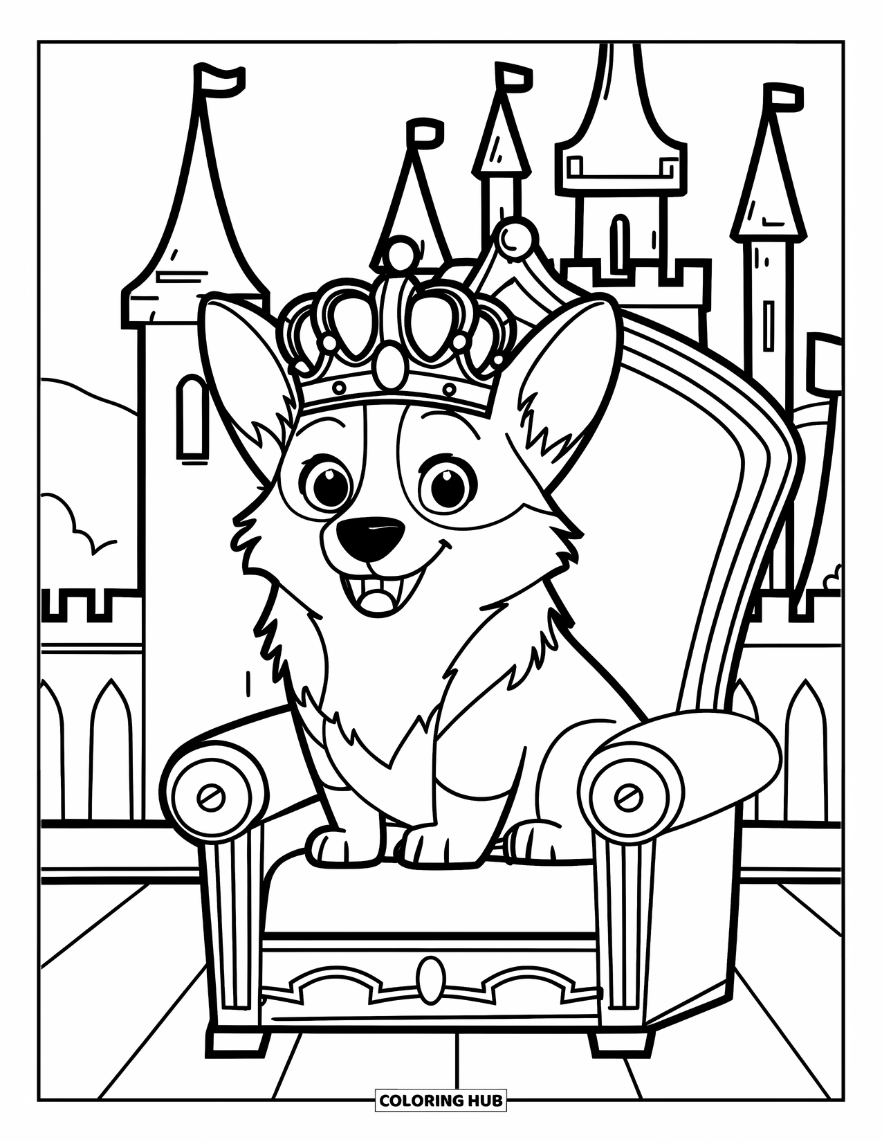 Corgi Coloring Page for Kids: A corgi in a crown sits on a throne, with castle towers and flags in the background