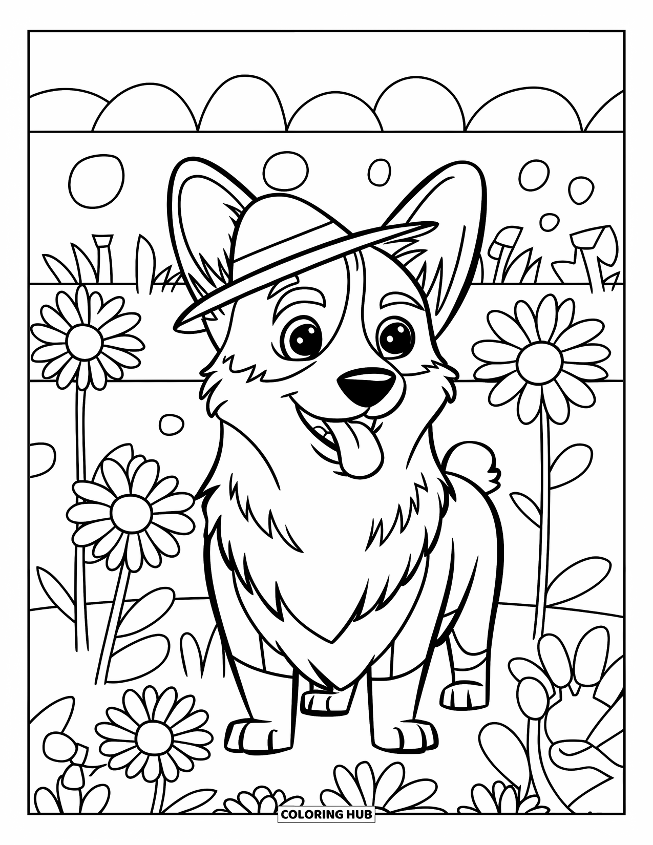 Corgi Coloring Page for Kids: A corgi in a cute hat explores a flower garden filled with large daisies and tools