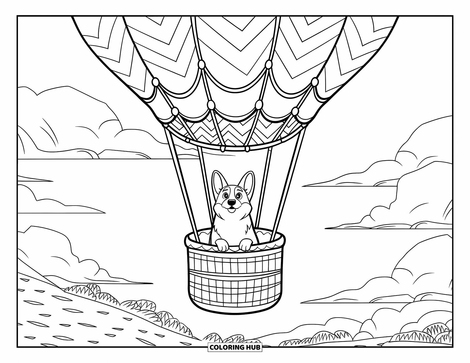 Corgi Coloring Page for Kids: A corgi in a hot air balloon basket soars above a rocky landscape filled with greenery