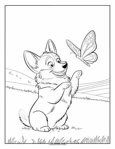 Coloriage de corgi pour enfants : Un corgi joue joyeusement avec un papillon, levant ses pattes dans un champ herbeux
