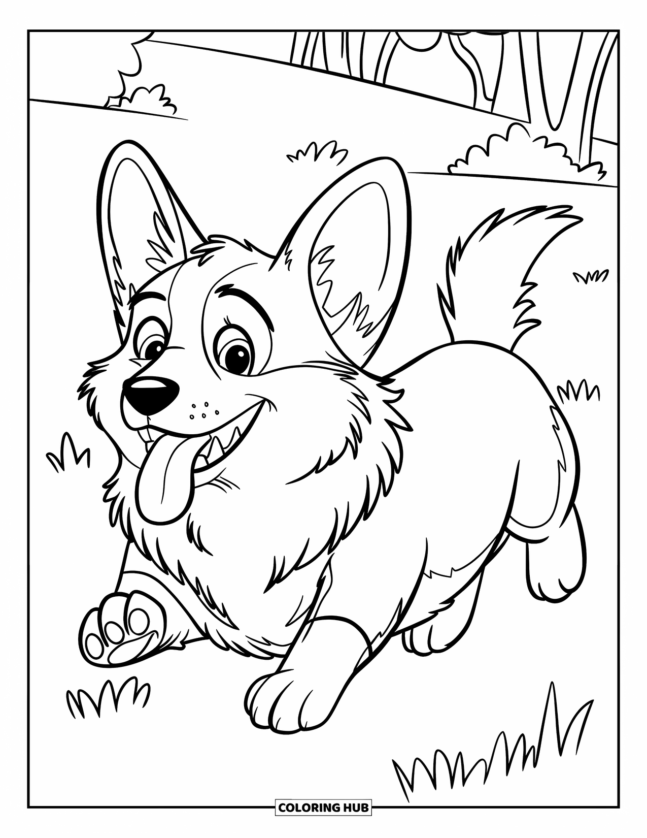 Corgi Coloring Page for Kids: A corgi joyfully sprints across a field, tongue hanging out with excitement