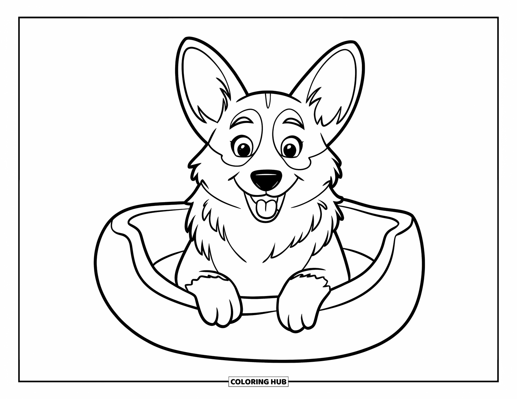 Corgi Coloring Page for Kids: A corgi lounges in a large dog bed, stretching its paws in a cozy room